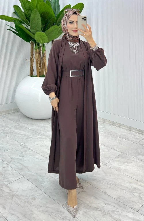 Kahve Premium Silva Tulumlu Abaya Takım Tesettür Giyim