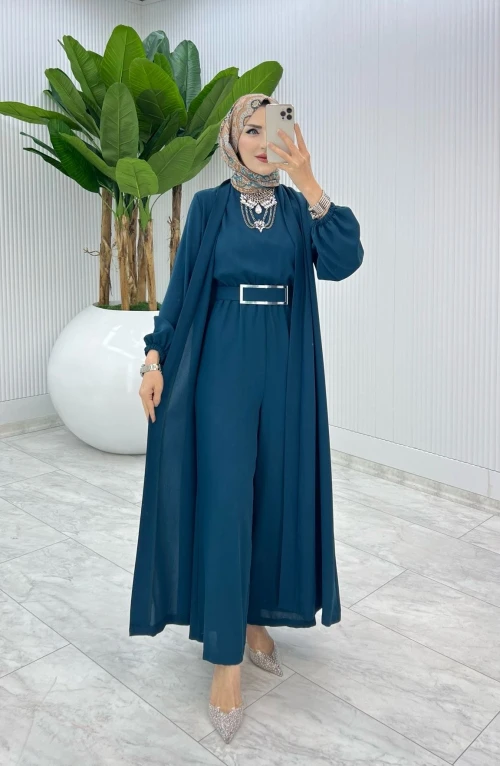 Petrol Premium Silva Tulumlu Abaya Takım Tesettür Giyim