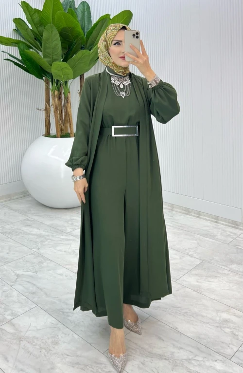 Haki Premium Silva Tulumlu Abaya Takım Tesettür Giyim
