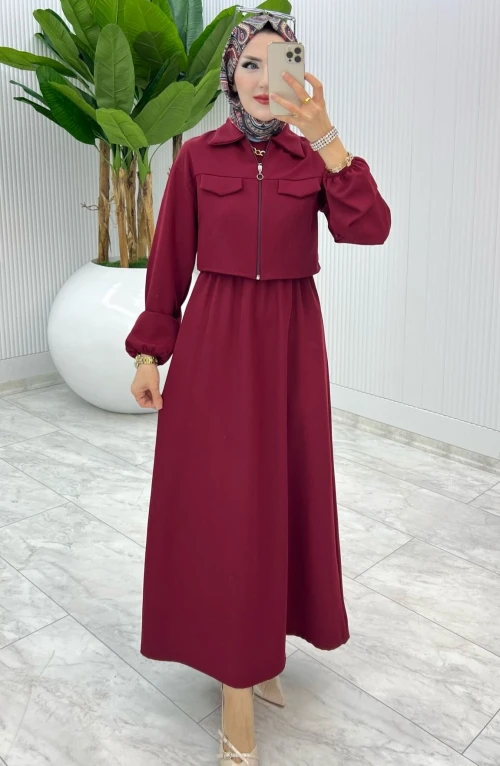 Bordo Oylat Elbise Tesettür Giyim