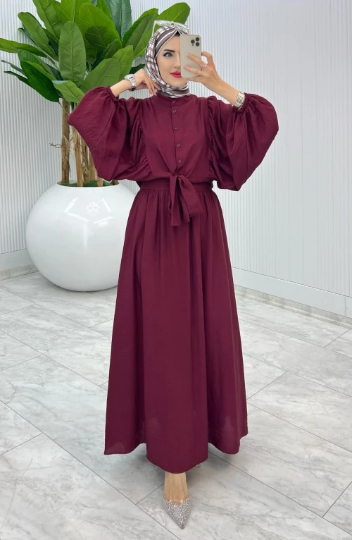 Bordo Premium Yarasa Etek Takım Tesettür Giyim