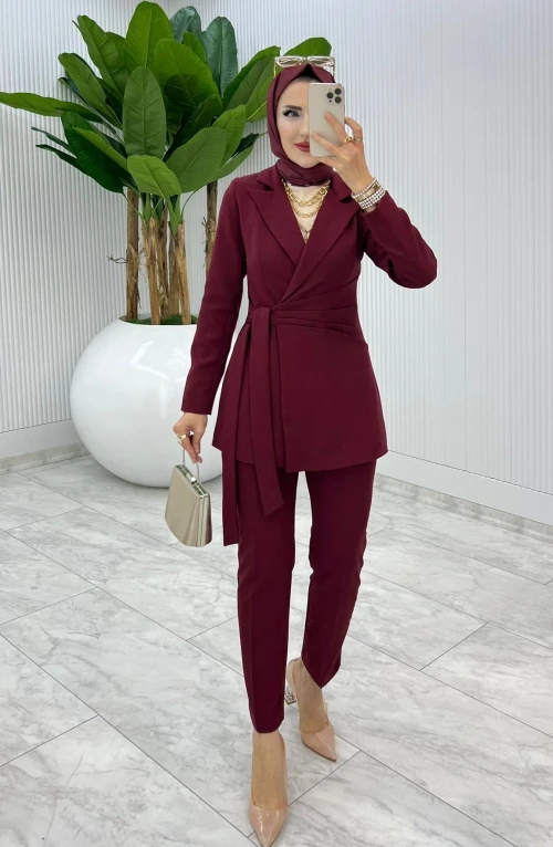 Bordo Premium Astarlı Klas Takım Tesettür Giyim