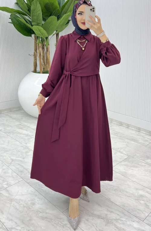 Bordo Bağlamalı Elbise Tesettür Giyim