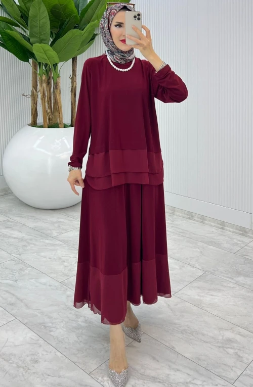 Bordo Premium Aksu Etek Takım Tesettür Giyim