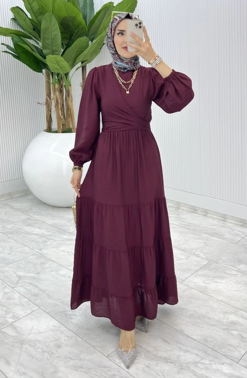 Bordo Premıum Leha Elbise Tesettür Giyim