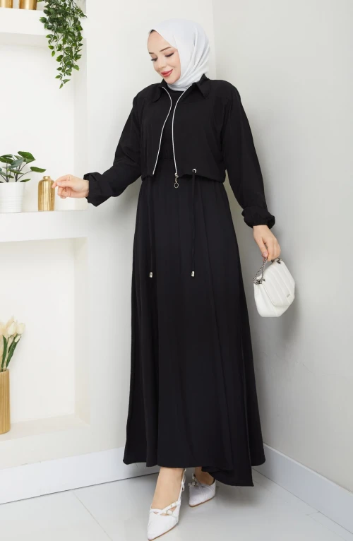 Siyah Moda Fermuar Elbise Takım