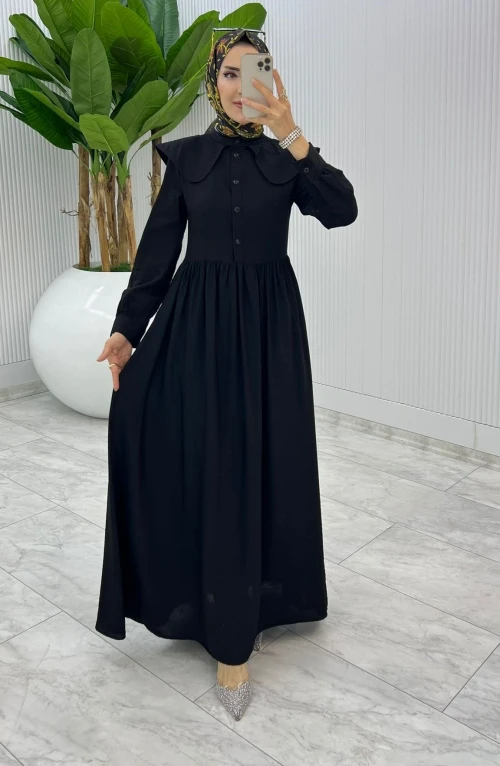 Siyah Premium Bebe Yaka Elbise Tesettür Giyim