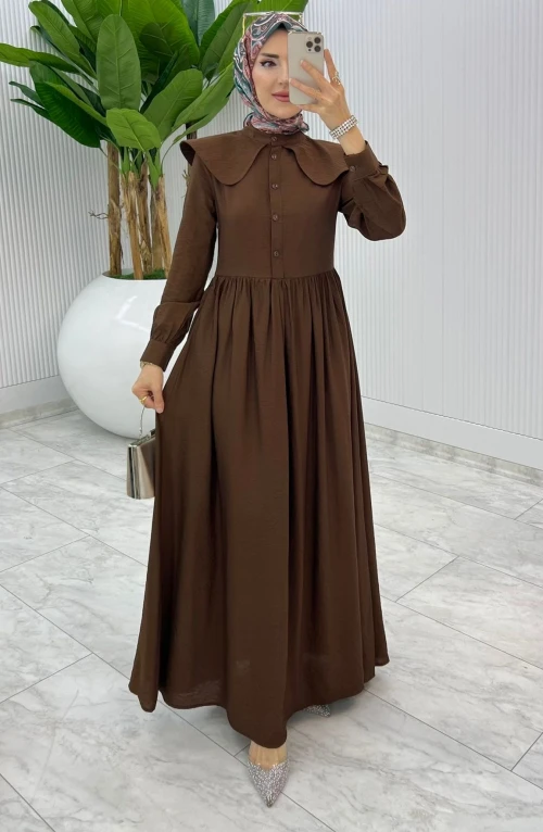 Kahve Premium Bebe Yaka Elbise Tesettür Giyim