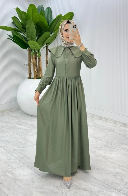 Haki Premium Bebe Yaka Elbise Tesettür Giyim