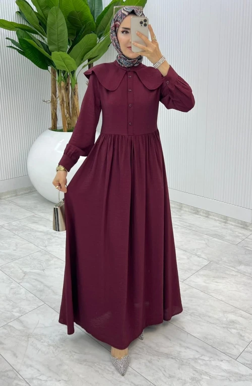 Bordo Premium Bebe Yaka Elbise Tesettür Giyim