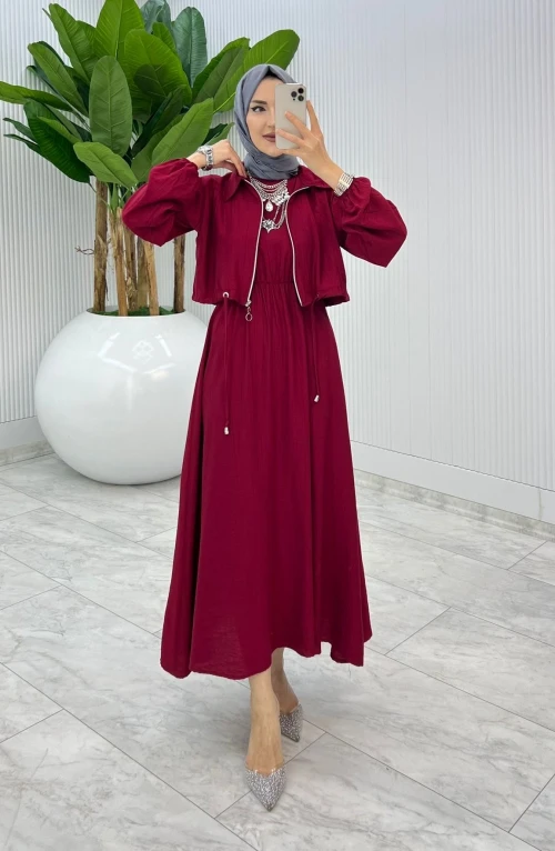 Bordo Jale Elbise Takım Tesettür Giyim