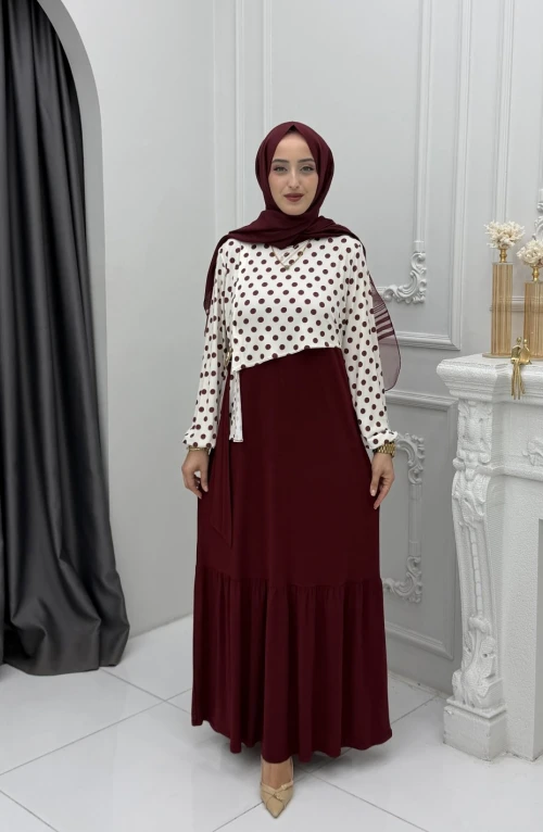 Puantiye Elbise Bordo Puantiye Elbise Bordo