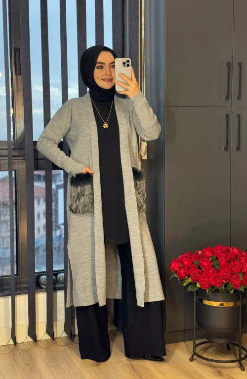 Küba Cebi Kürklü Hırka Gri