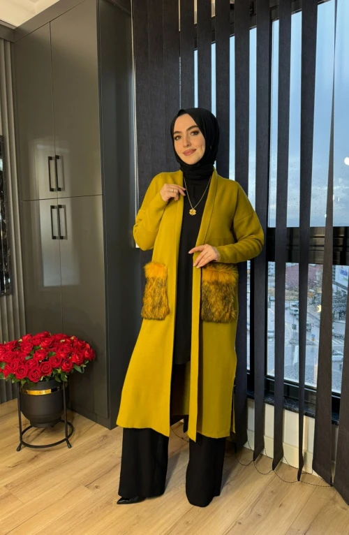 Küba Cebi Kürklü Hırka Yağ Yeşili