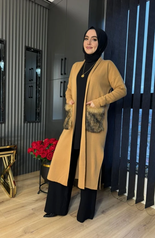 Küba Cebi Kürklü Hırka Taba