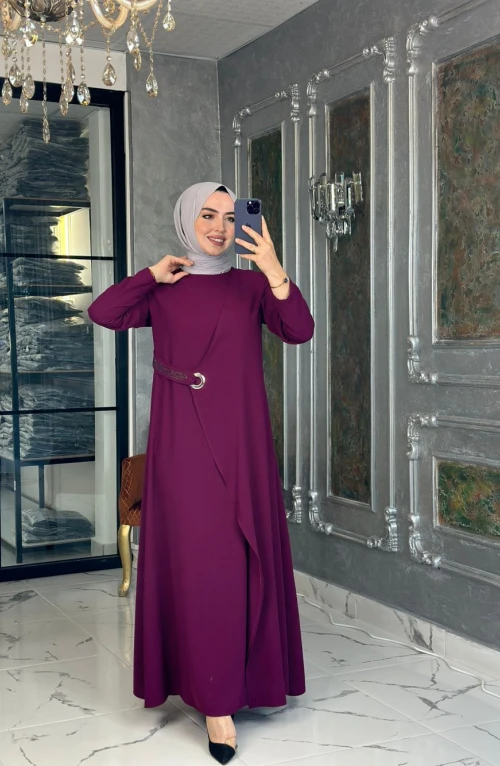 Kuş Gözü Detaylı Elbise-Mürdüm Kuş Gözü Detaylı Elbise-Mürdüm