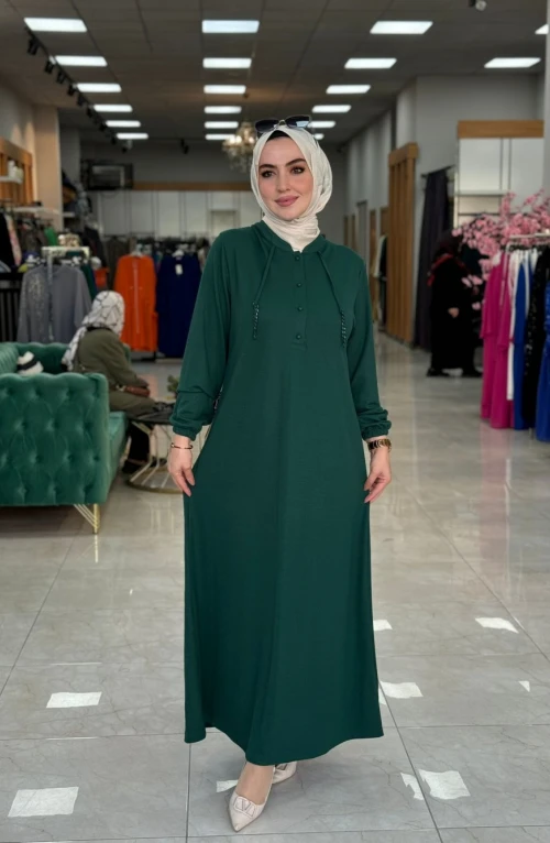 Hayat Yaka Düğmeli Elbise-Zümrüt Hayat Yaka Düğmeli Elbise-Zümrüt
