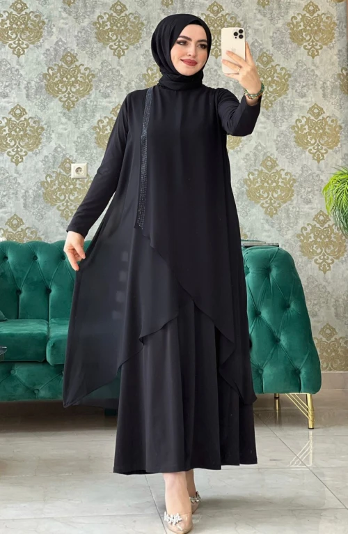 Şifon Taşlı Elbise- Siyah