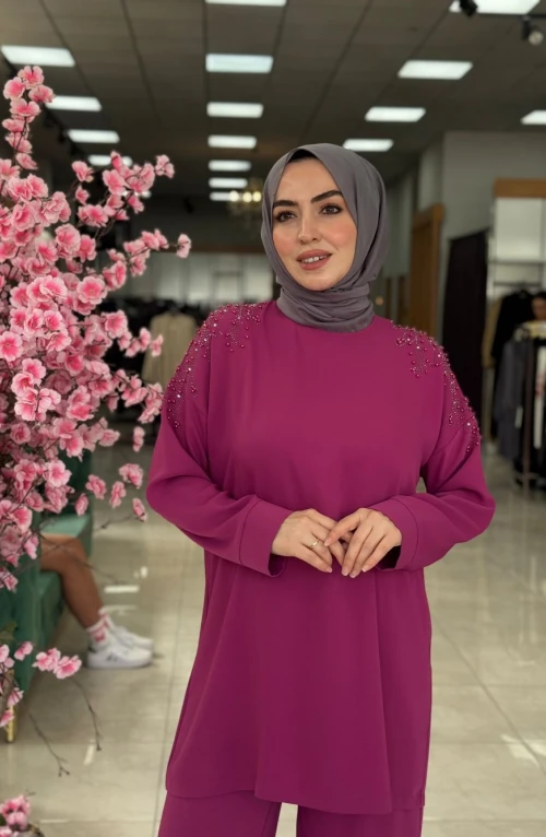 Yaprak Panolon Takım-Fuşya Yaprak Panolon Takım-Fuşya